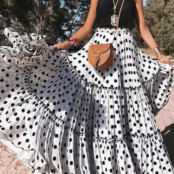 White Casual Women's Elegant Vacation Layered Clashing Polka Dot Halter Skirt - Picture 1 of 4